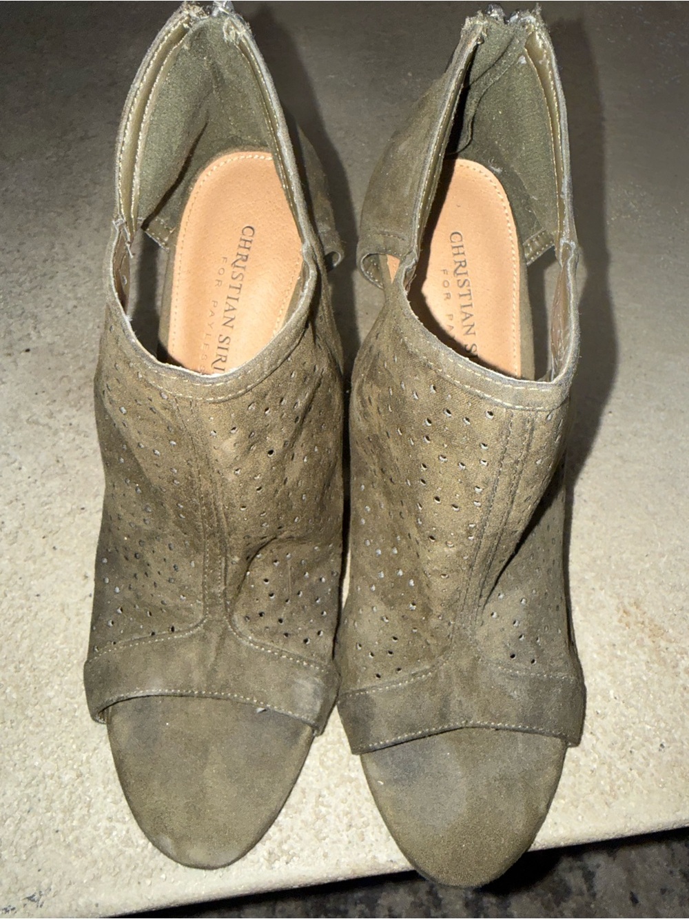 Christian Siriano Olive Suede Perforated Peep-Toe Mules